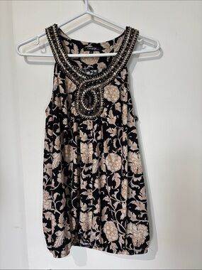 🎉4/30$🎉 George Black Tank Dress with Beige Floral Print and Beaded Neckline